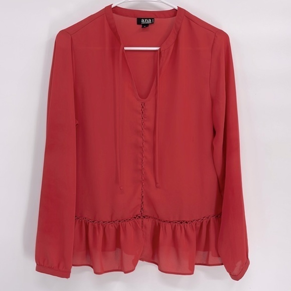 A.N.A. Coral Tassel tie Ruffle Hem Blouse PMedium